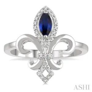 1/10 Ctw Marquise Shape 6x3mm Sapphire & Round Cut Diamond Fleur De Lis Precious Ring in 10K White Gold