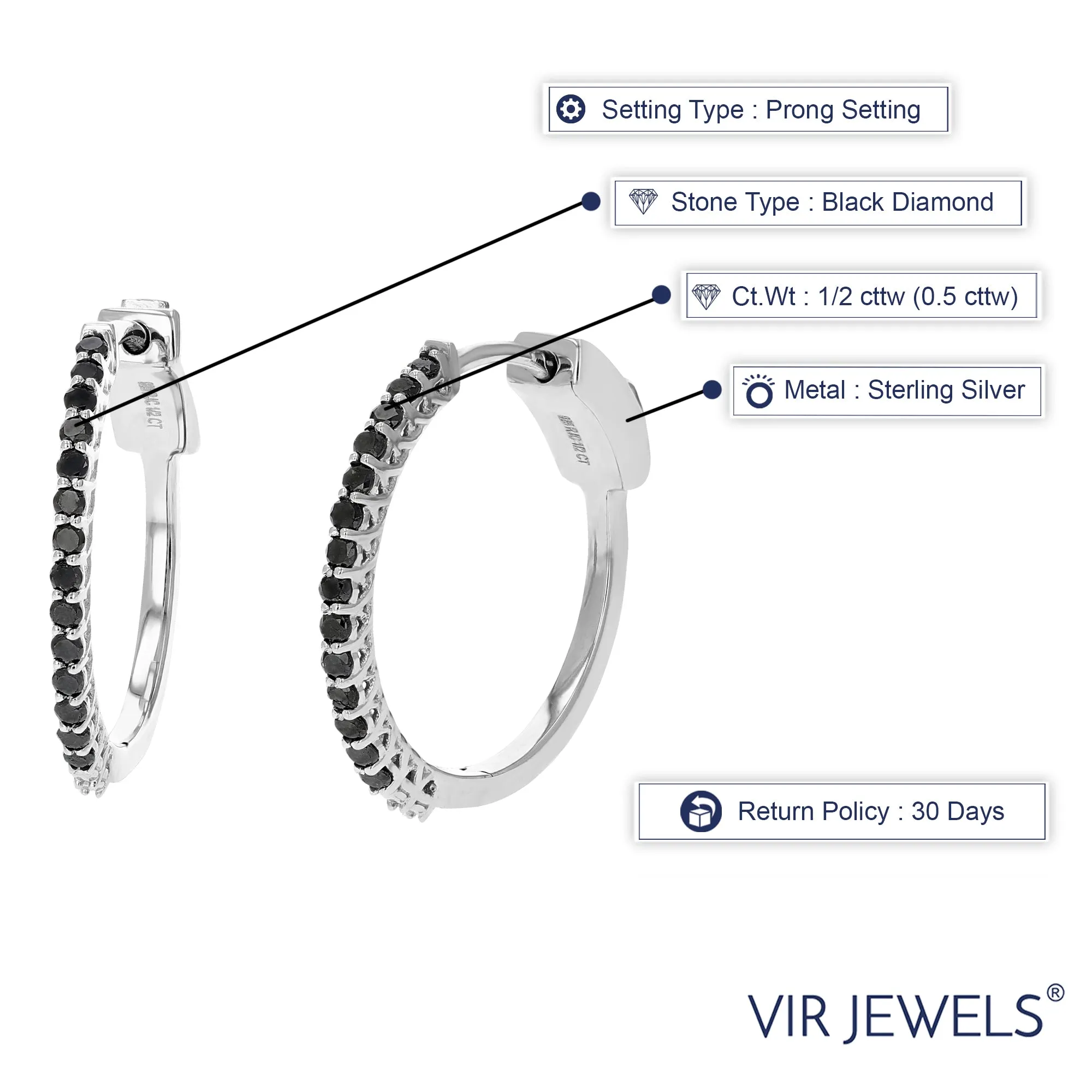 1/2 cttw Black Diamond Hoop Earrings in .925 Sterling Silver
