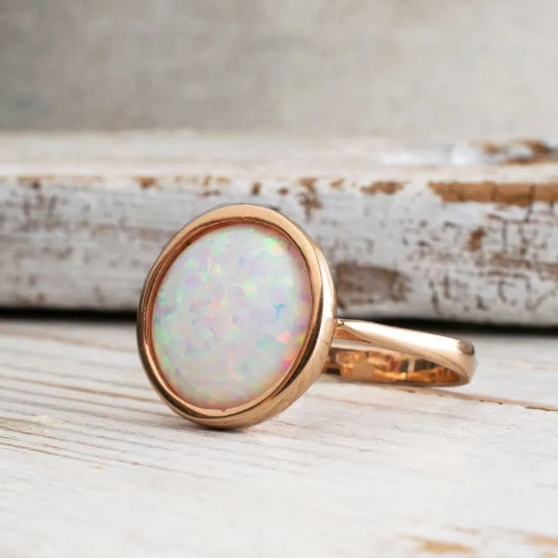 14K Rose Gold Round White Opal 14mm Ring