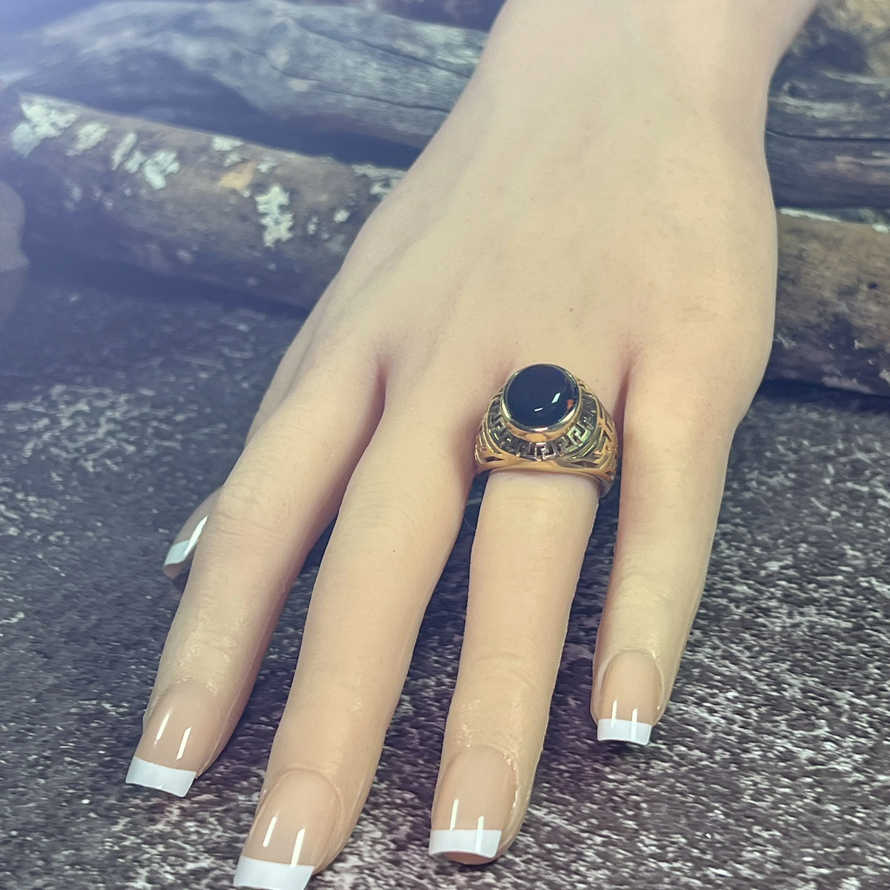 9kt Yellow Gold Solid cut out design signet style ring with 5.12ct Black Opal