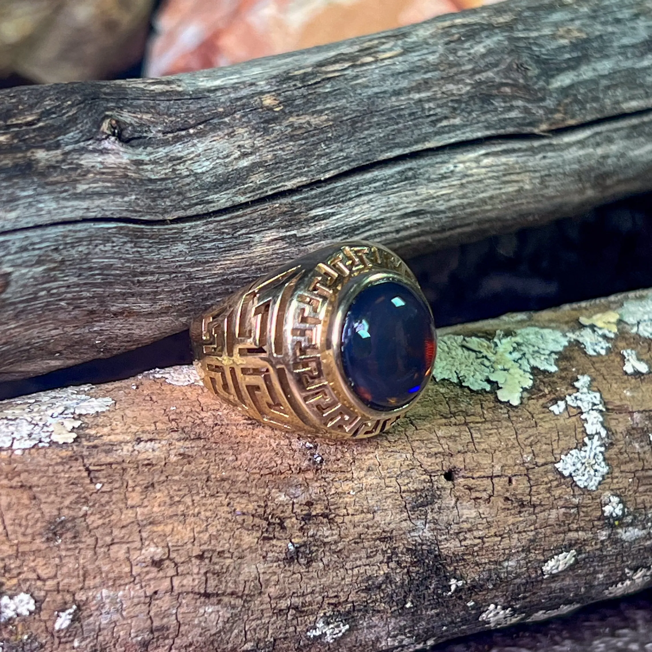 9kt Yellow Gold Solid cut out design signet style ring with 5.12ct Black Opal