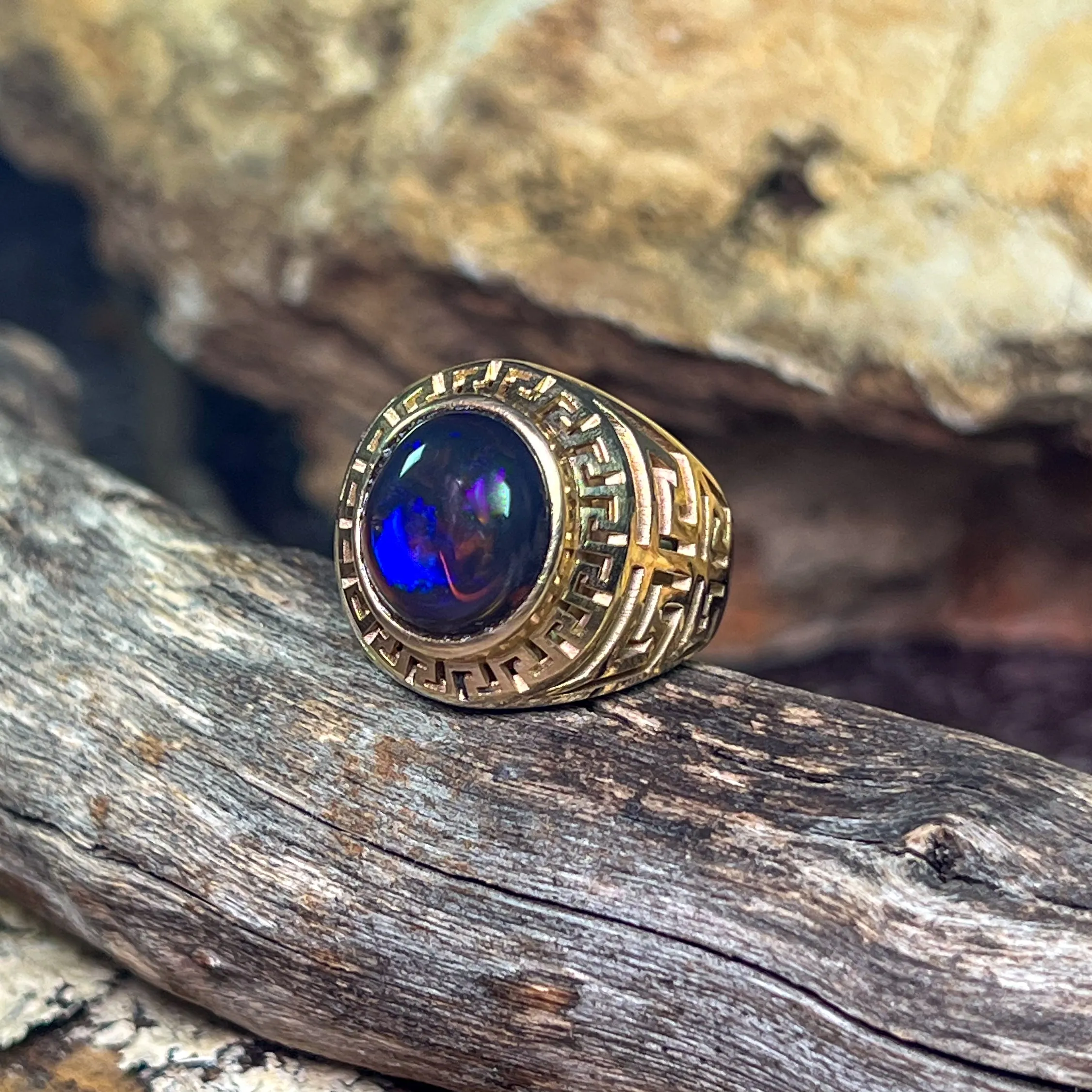9kt Yellow Gold Solid cut out design signet style ring with 5.12ct Black Opal