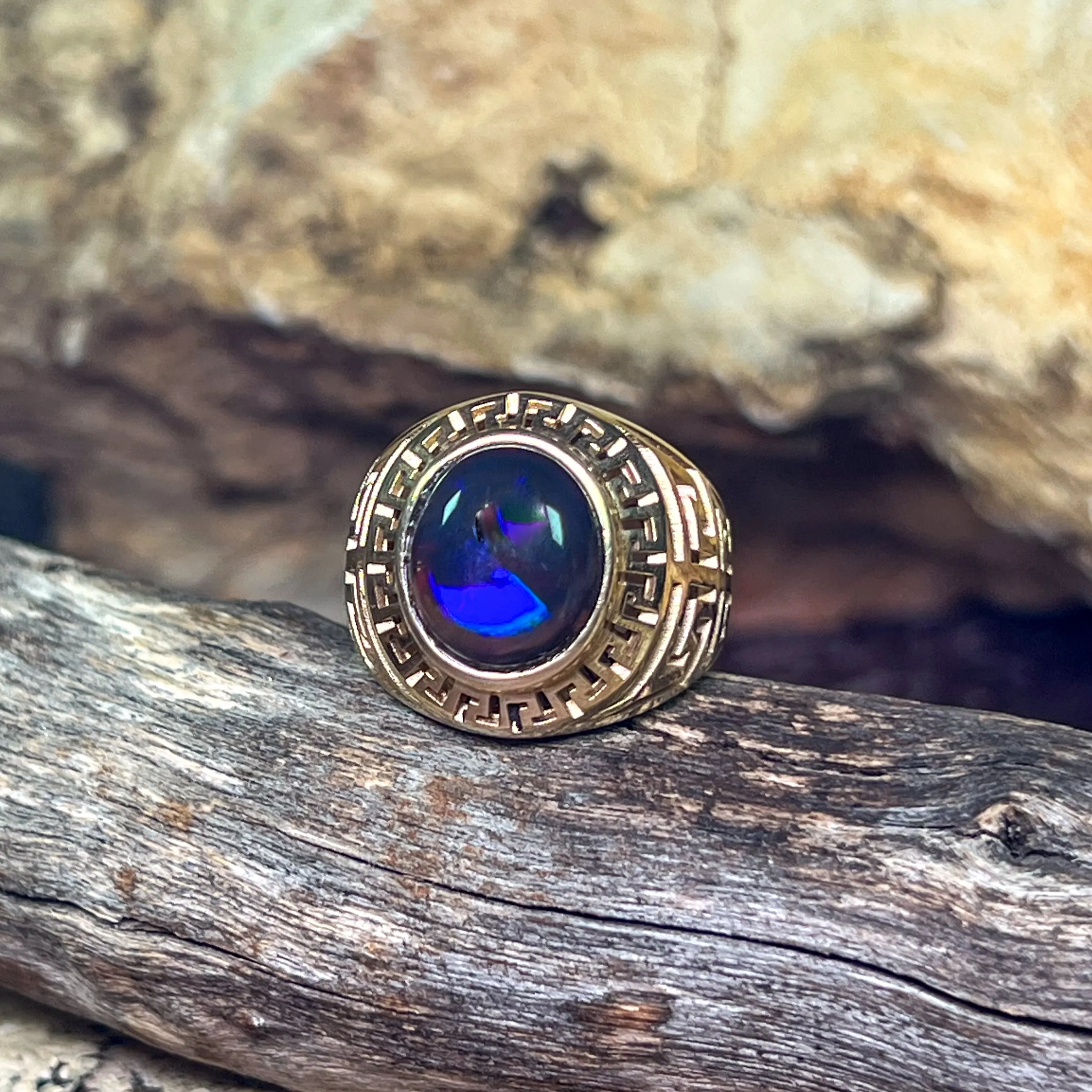 9kt Yellow Gold Solid cut out design signet style ring with 5.12ct Black Opal