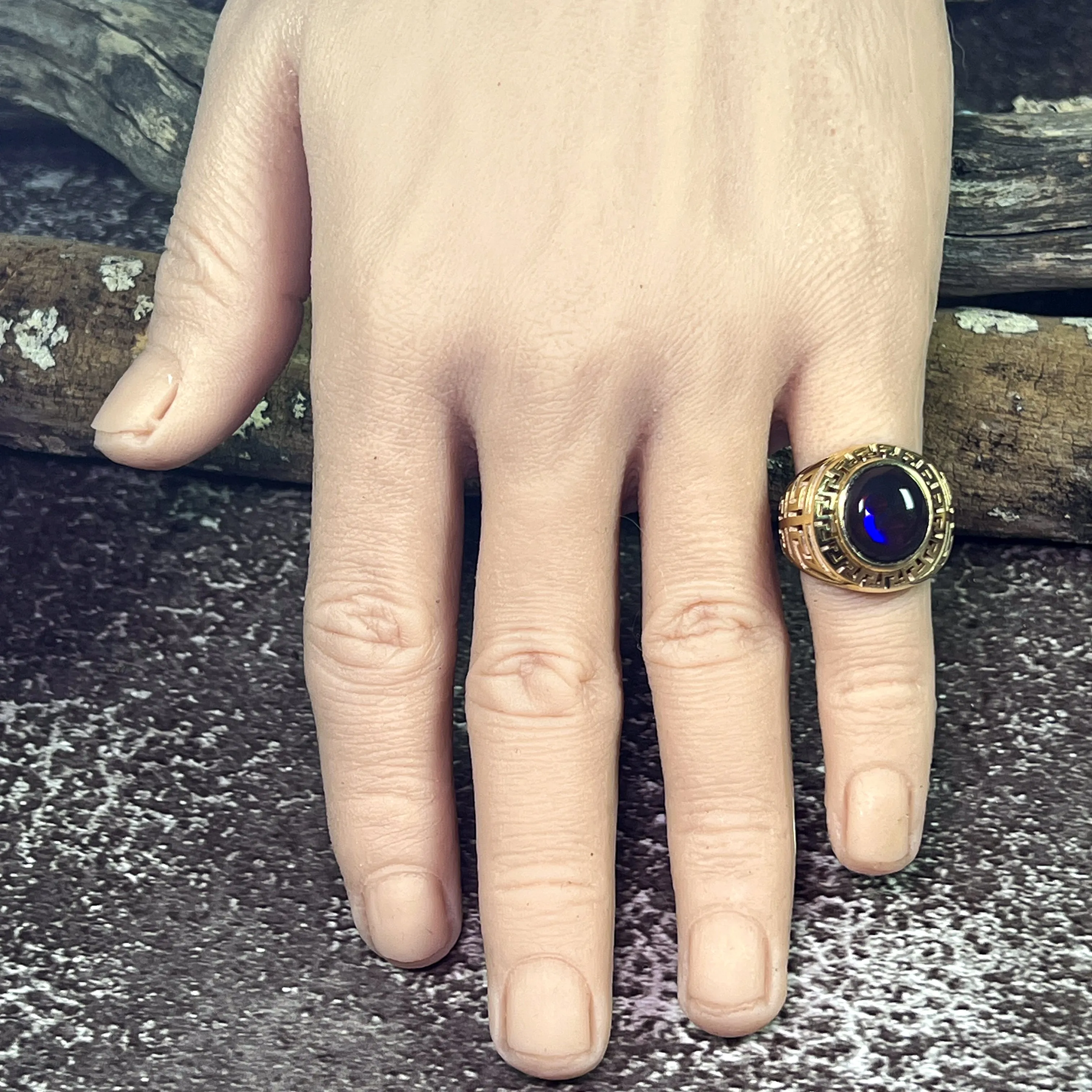 9kt Yellow Gold Solid cut out design signet style ring with 5.12ct Black Opal