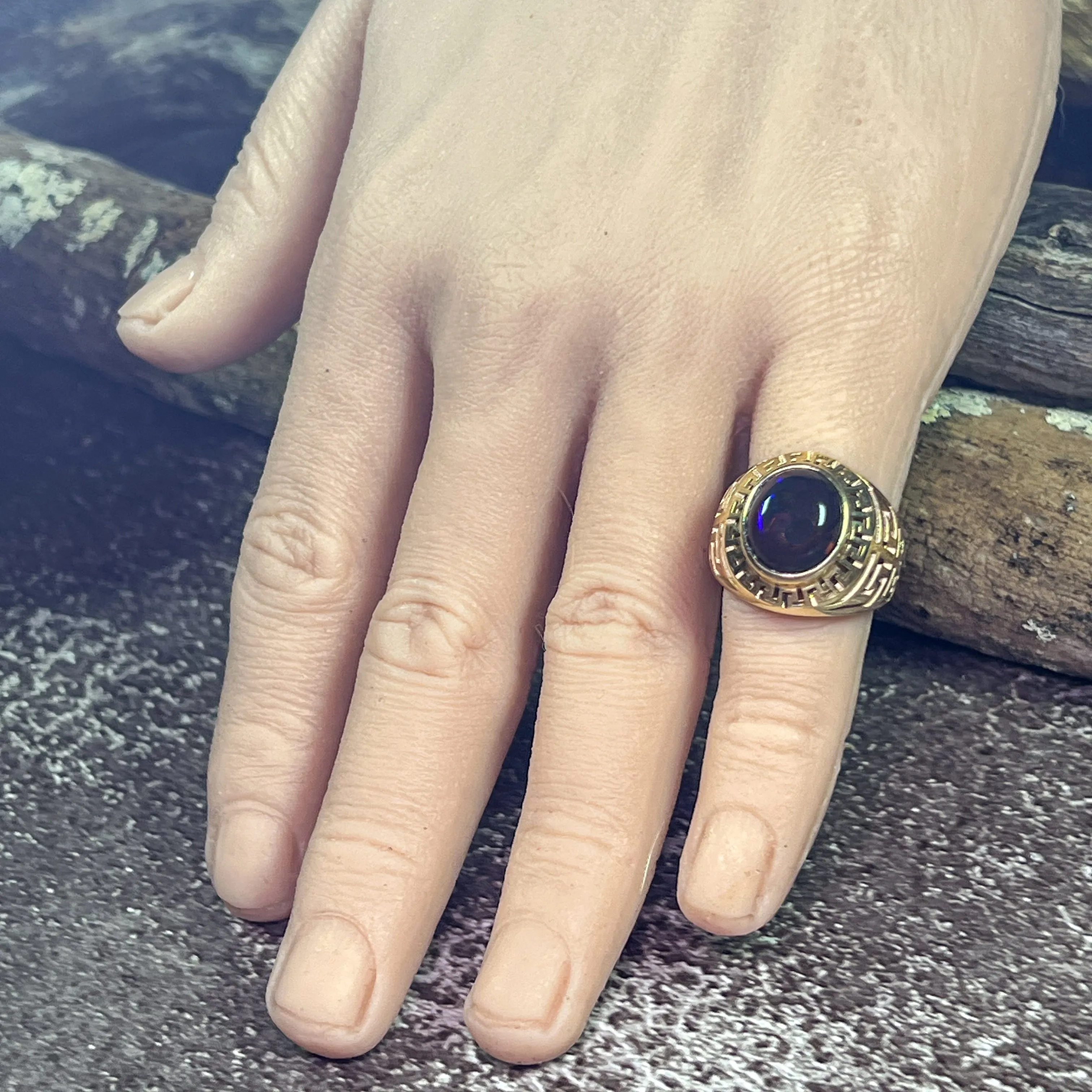 9kt Yellow Gold Solid cut out design signet style ring with 5.12ct Black Opal