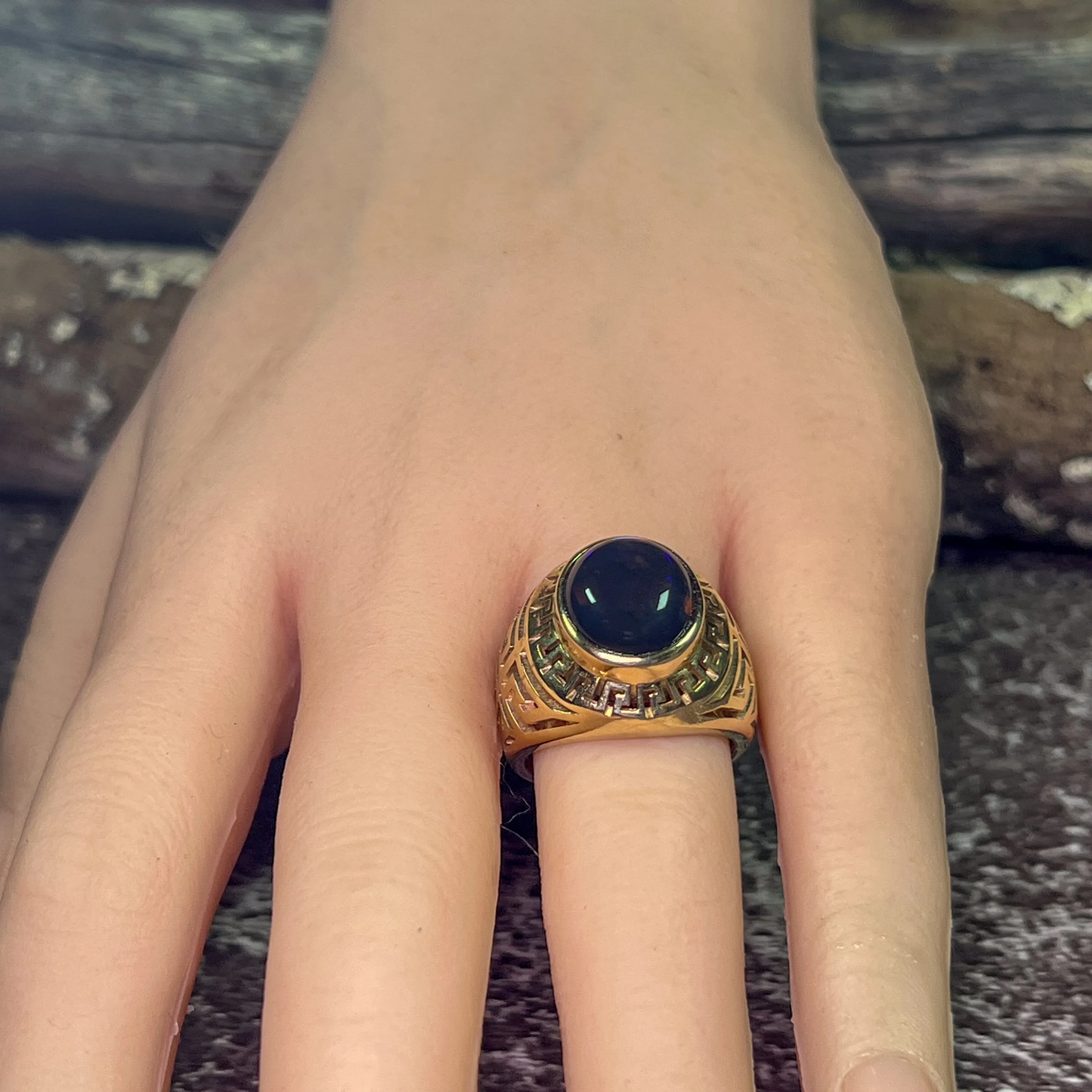 9kt Yellow Gold Solid cut out design signet style ring with 5.12ct Black Opal