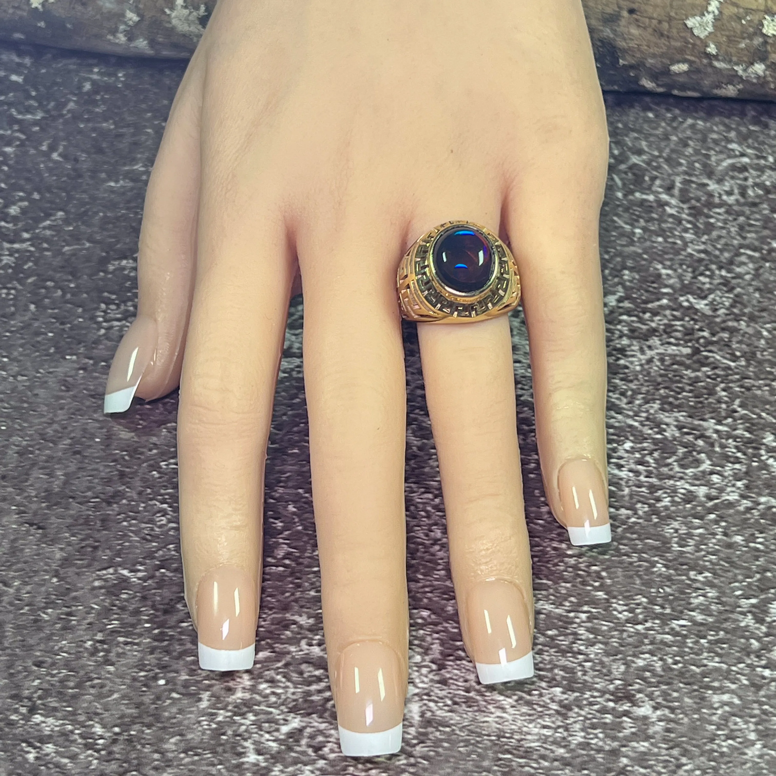 9kt Yellow Gold Solid cut out design signet style ring with 5.12ct Black Opal