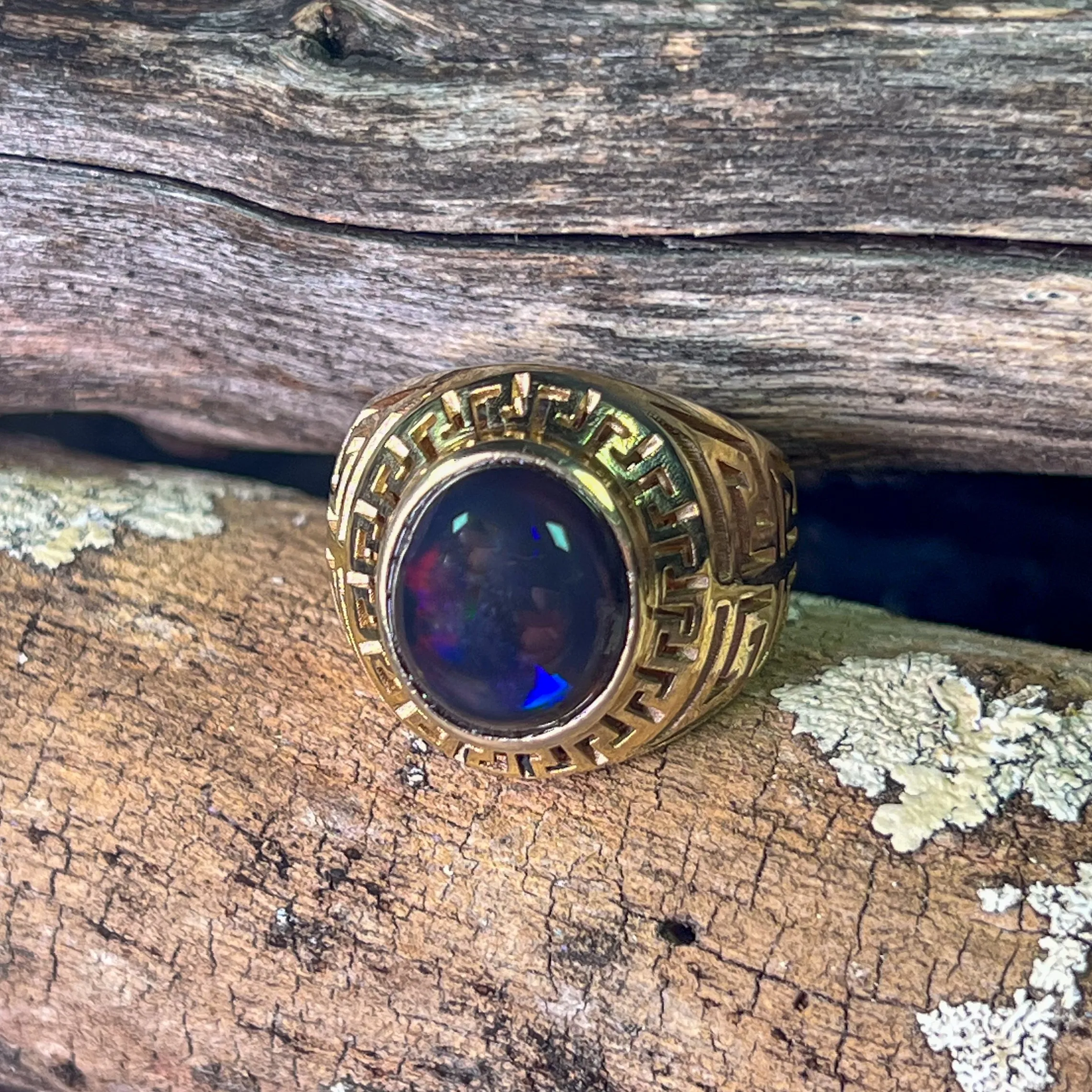 9kt Yellow Gold Solid cut out design signet style ring with 5.12ct Black Opal