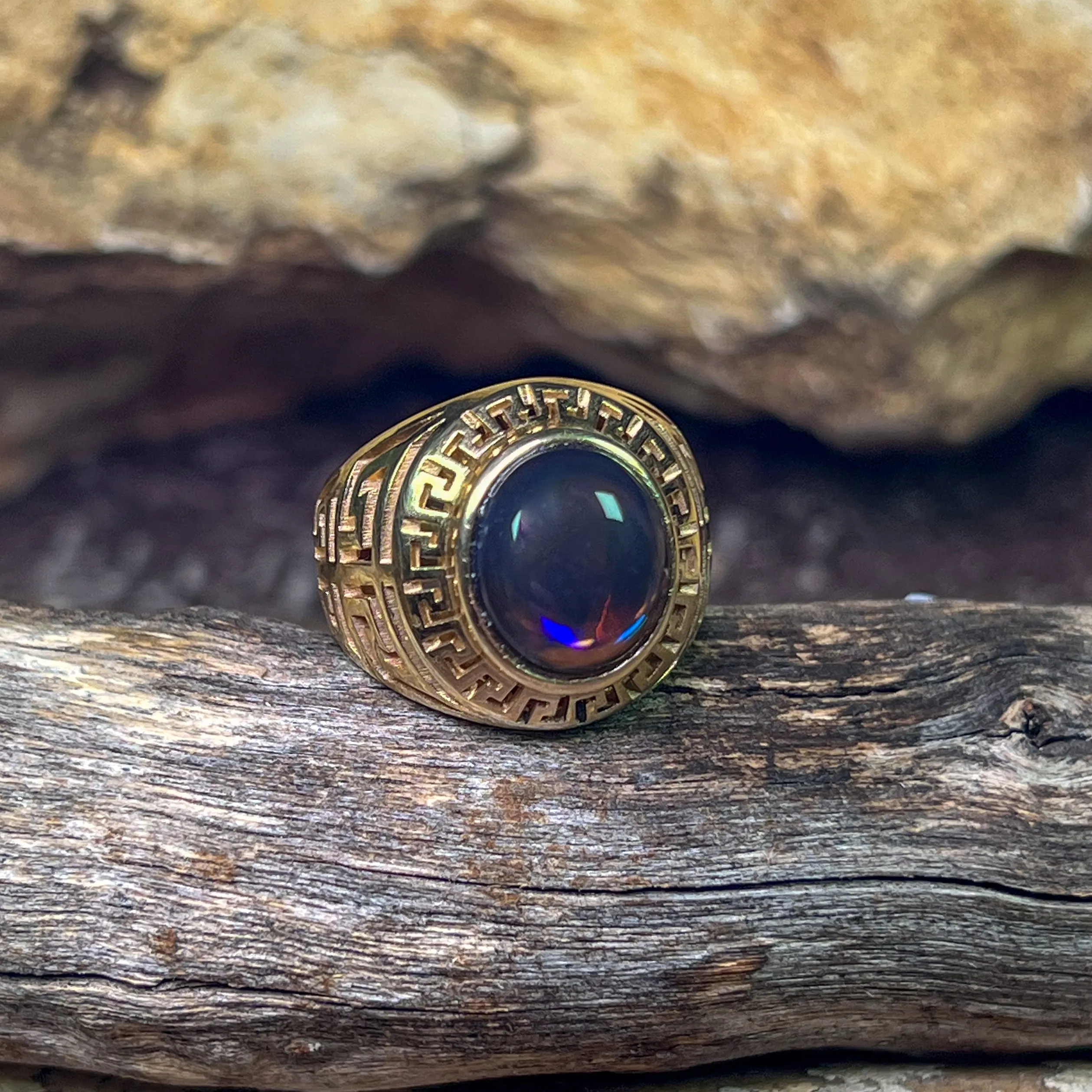 9kt Yellow Gold Solid cut out design signet style ring with 5.12ct Black Opal
