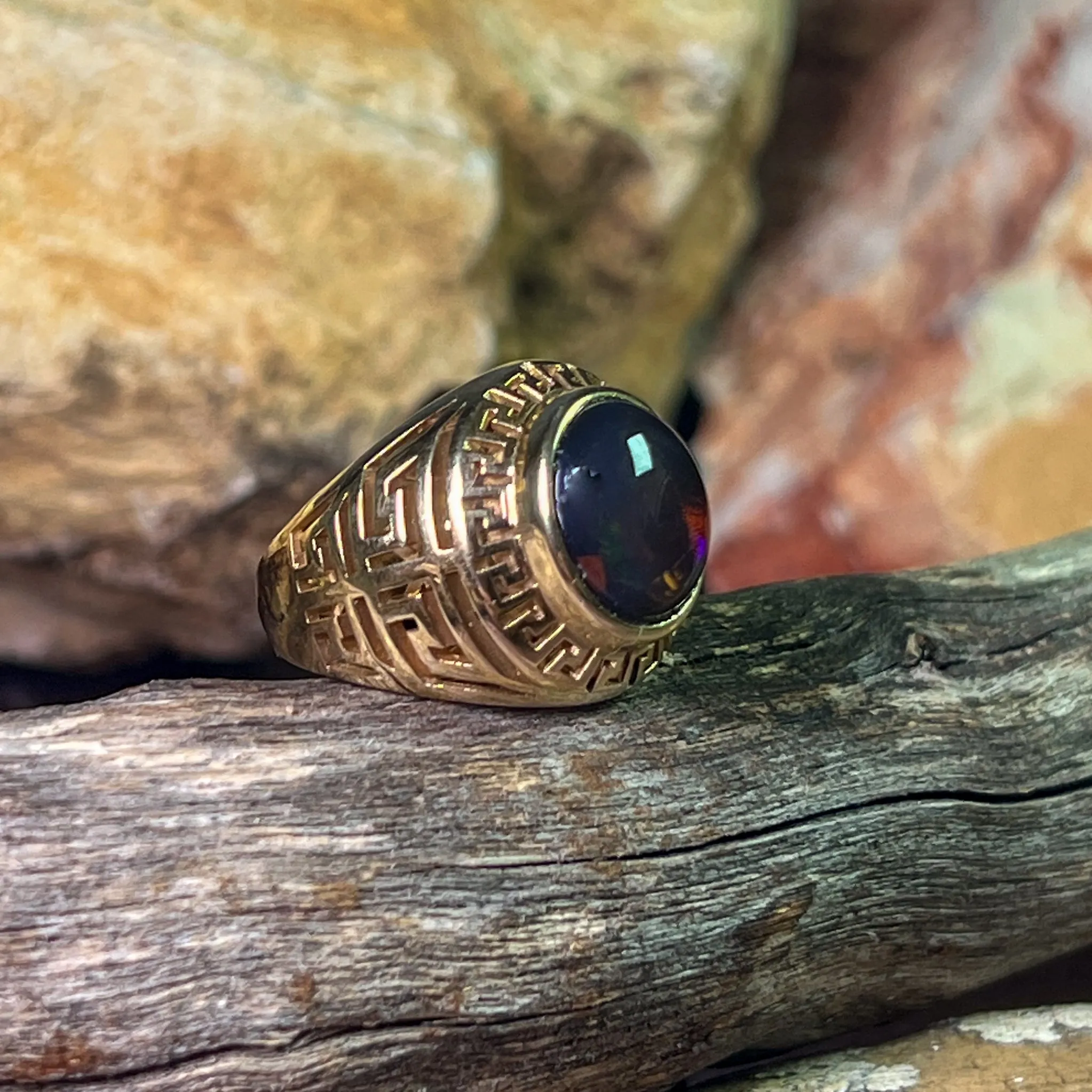 9kt Yellow Gold Solid cut out design signet style ring with 5.12ct Black Opal