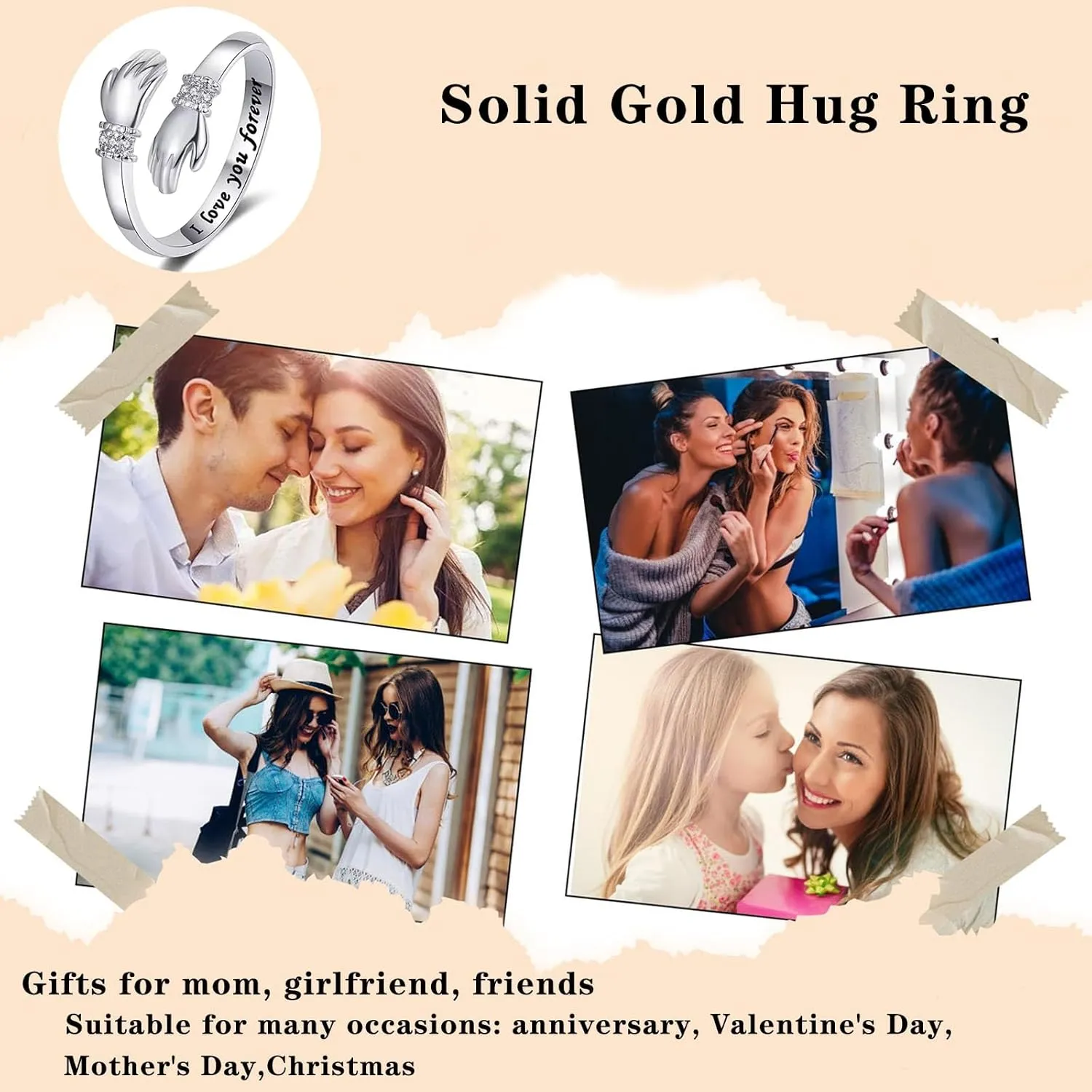 Adjustable Solid Gold Hug Ring for Women 10K/14K/18K Gold Custom Engraved Text Hug Ring Hug Thumb Rings Gold Hug Jewelry Gift for Women Couple