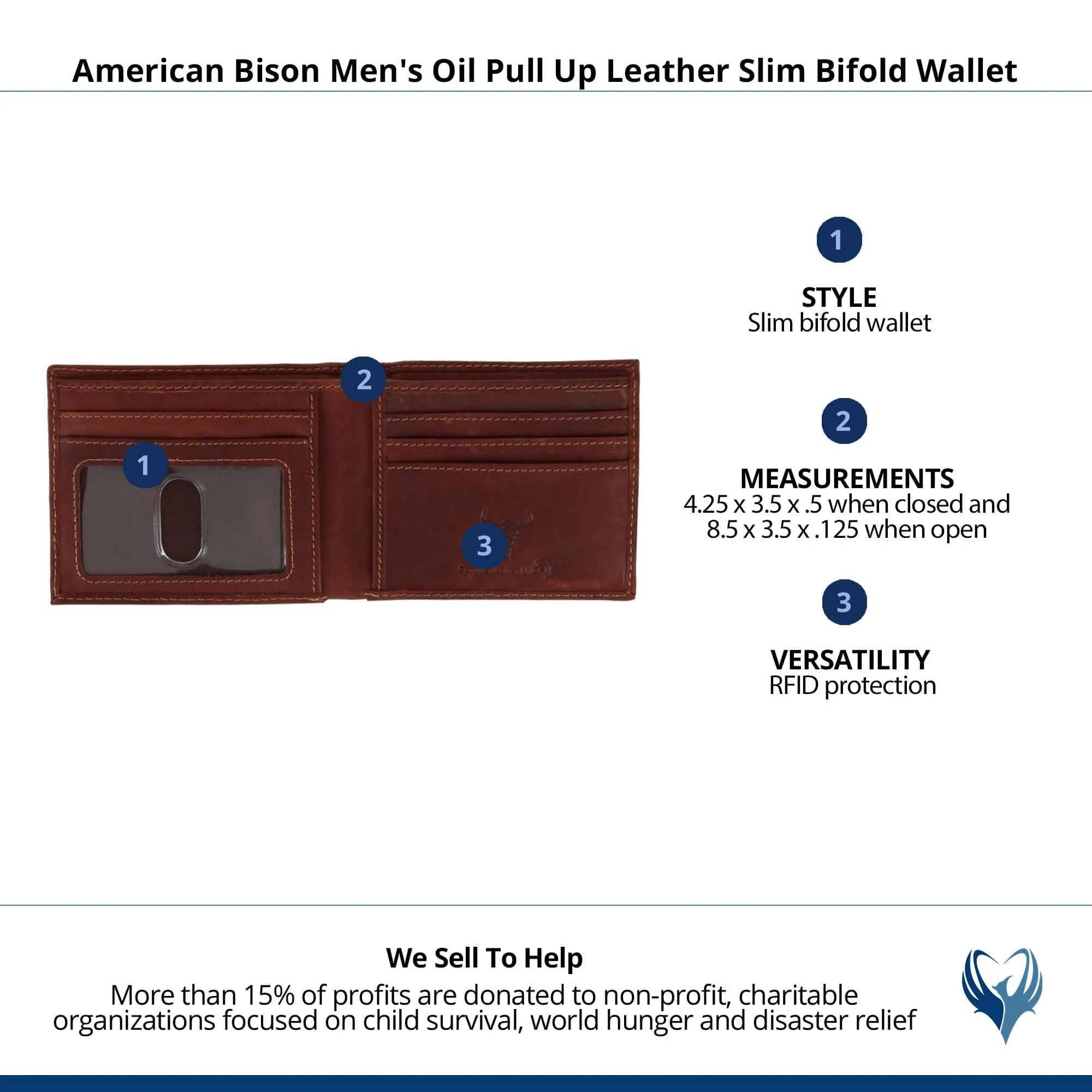 American Bison Men's Oil Pull Up Leather Slim Bifold Wallet