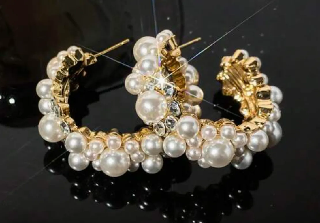 Beacca - Chunky Pearl & Rhinestone Hoop Earrings