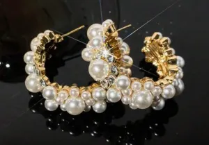 Beacca - Chunky Pearl & Rhinestone Hoop Earrings