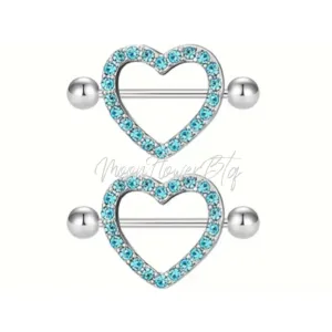 Blue Sparkly Rhinestone Heart Nipple Rings