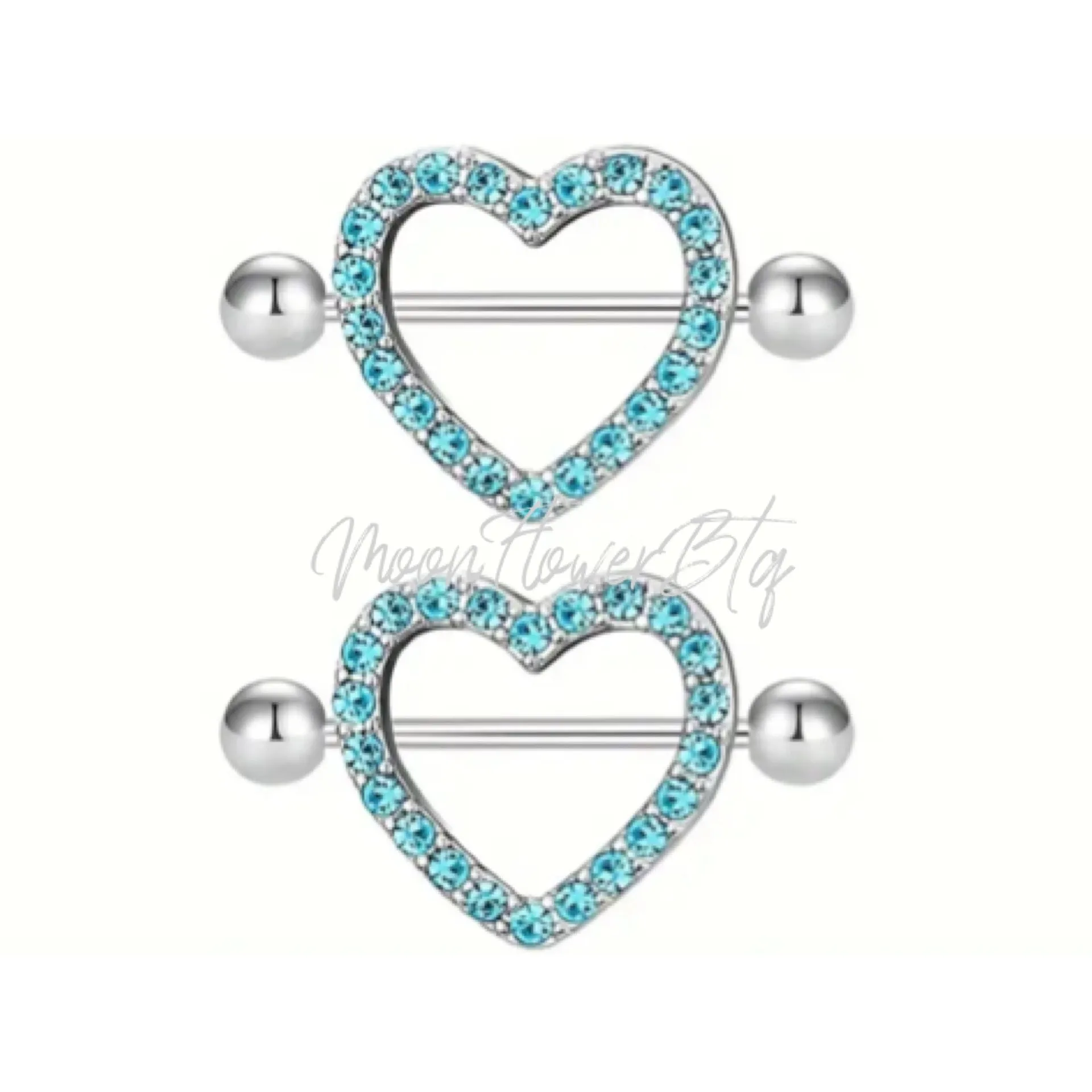 Blue Sparkly Rhinestone Heart Nipple Rings