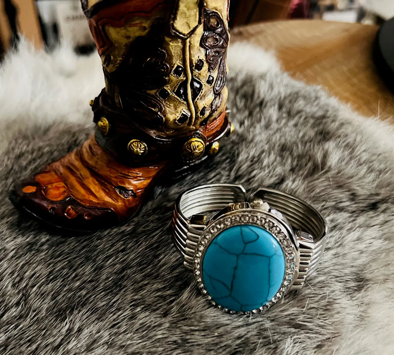 Bora Fashion Turquoise Domed Watch with Rhinestone Bangle Cuff Band - Multi