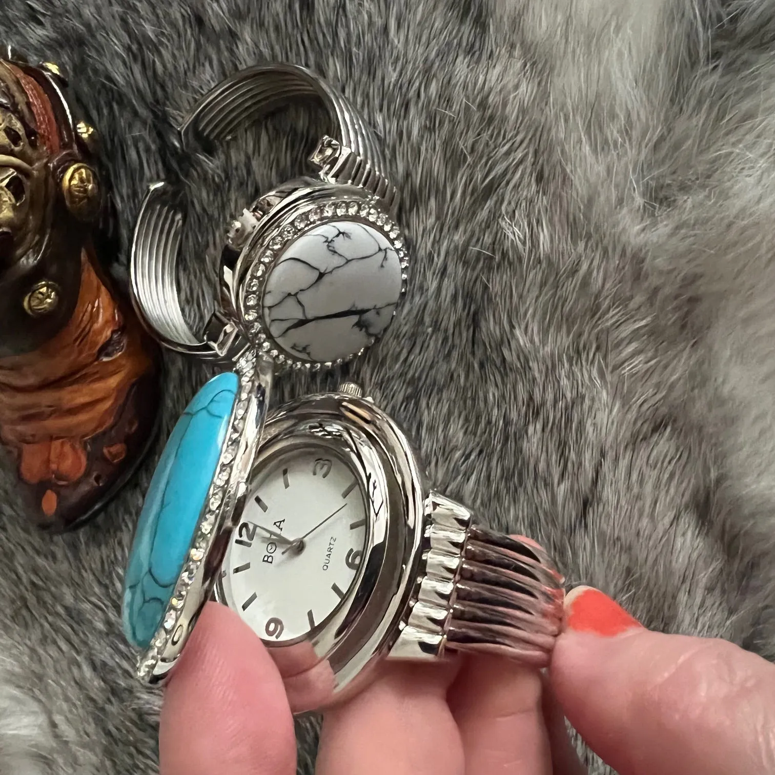 Bora Fashion Turquoise Domed Watch with Rhinestone Bangle Cuff Band - Multi