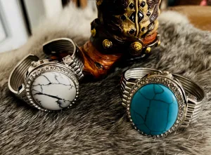 Bora Fashion Turquoise Domed Watch with Rhinestone Bangle Cuff Band - Multi