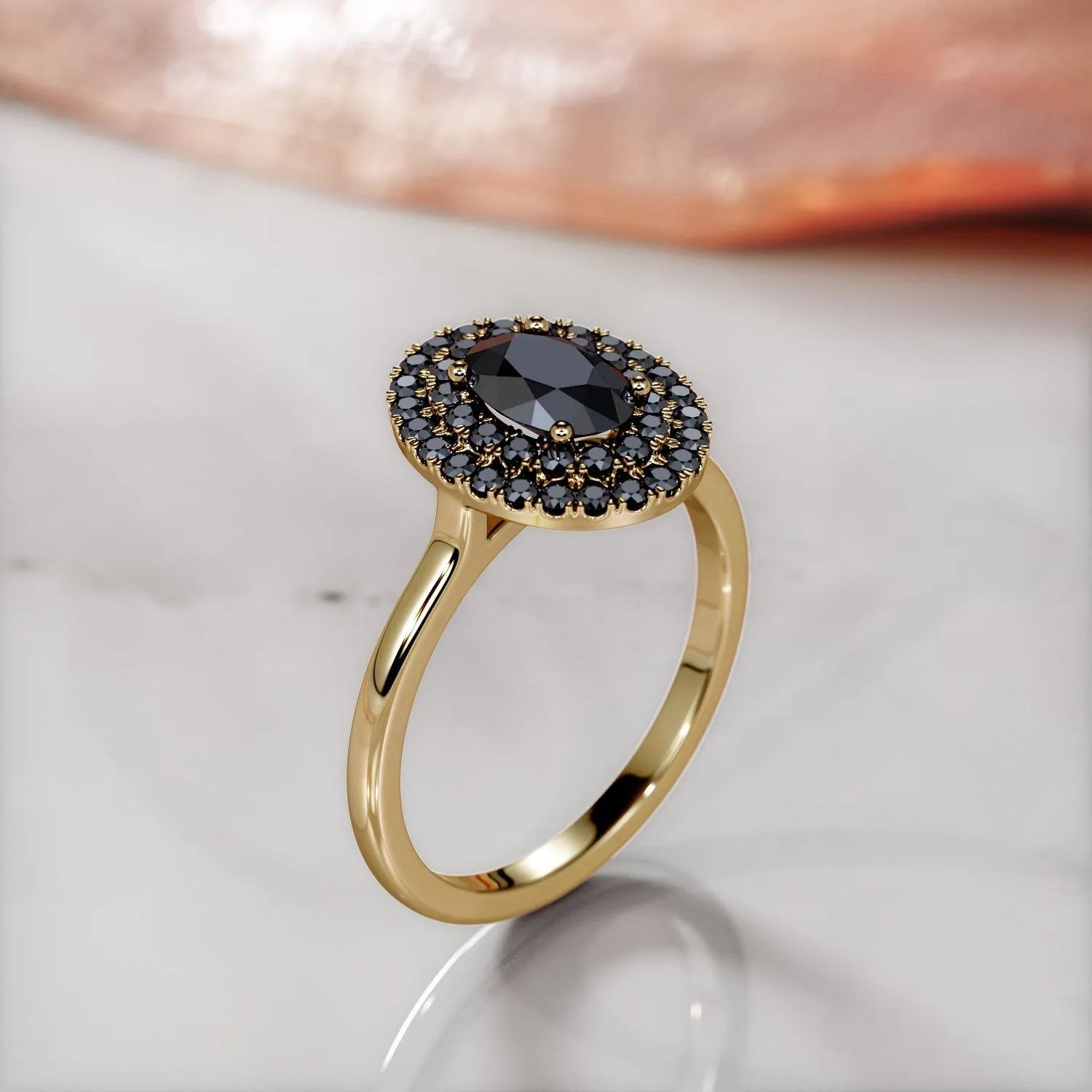 Cocoon  Double Halo  Natural Black Diamond Oval Engagement Ring