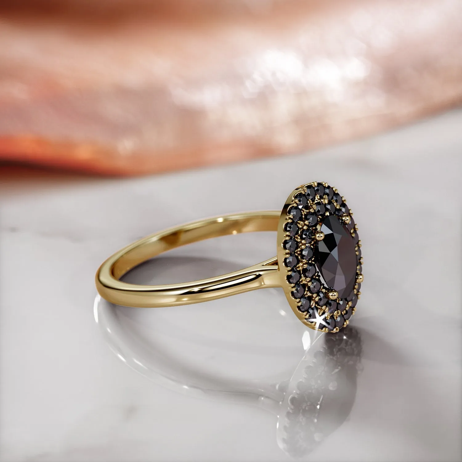 Cocoon  Double Halo  Natural Black Diamond Oval Engagement Ring