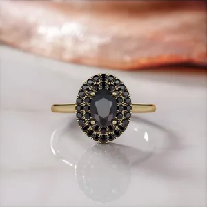 Cocoon  Double Halo  Natural Black Diamond Oval Engagement Ring