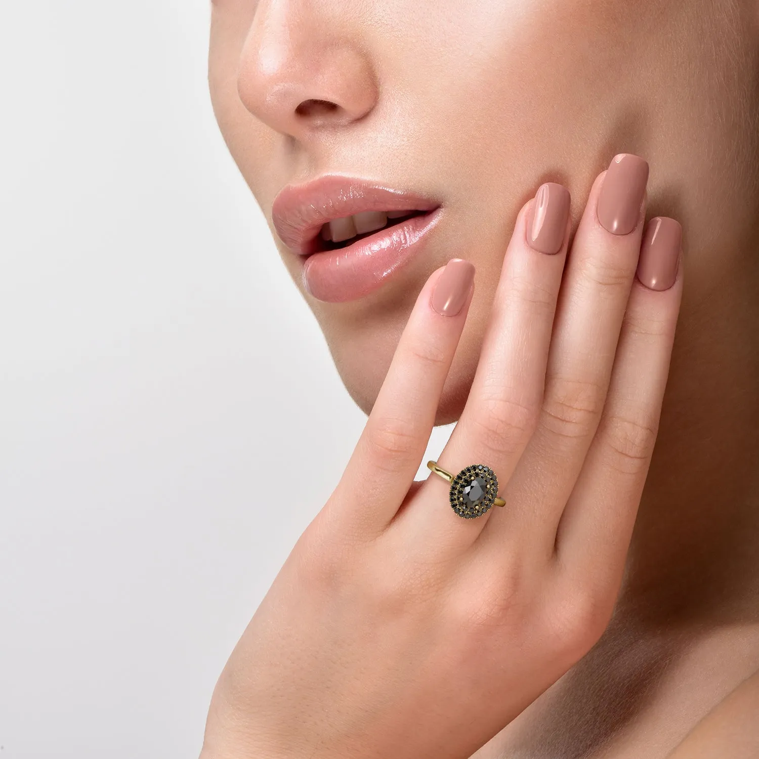 Cocoon  Double Halo  Natural Black Diamond Oval Engagement Ring