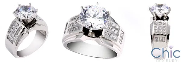 Cubic Zirconia 3 Carat Round Center 10.5mm Wide Shank Channel Set 14K W Gold Engagement Ring