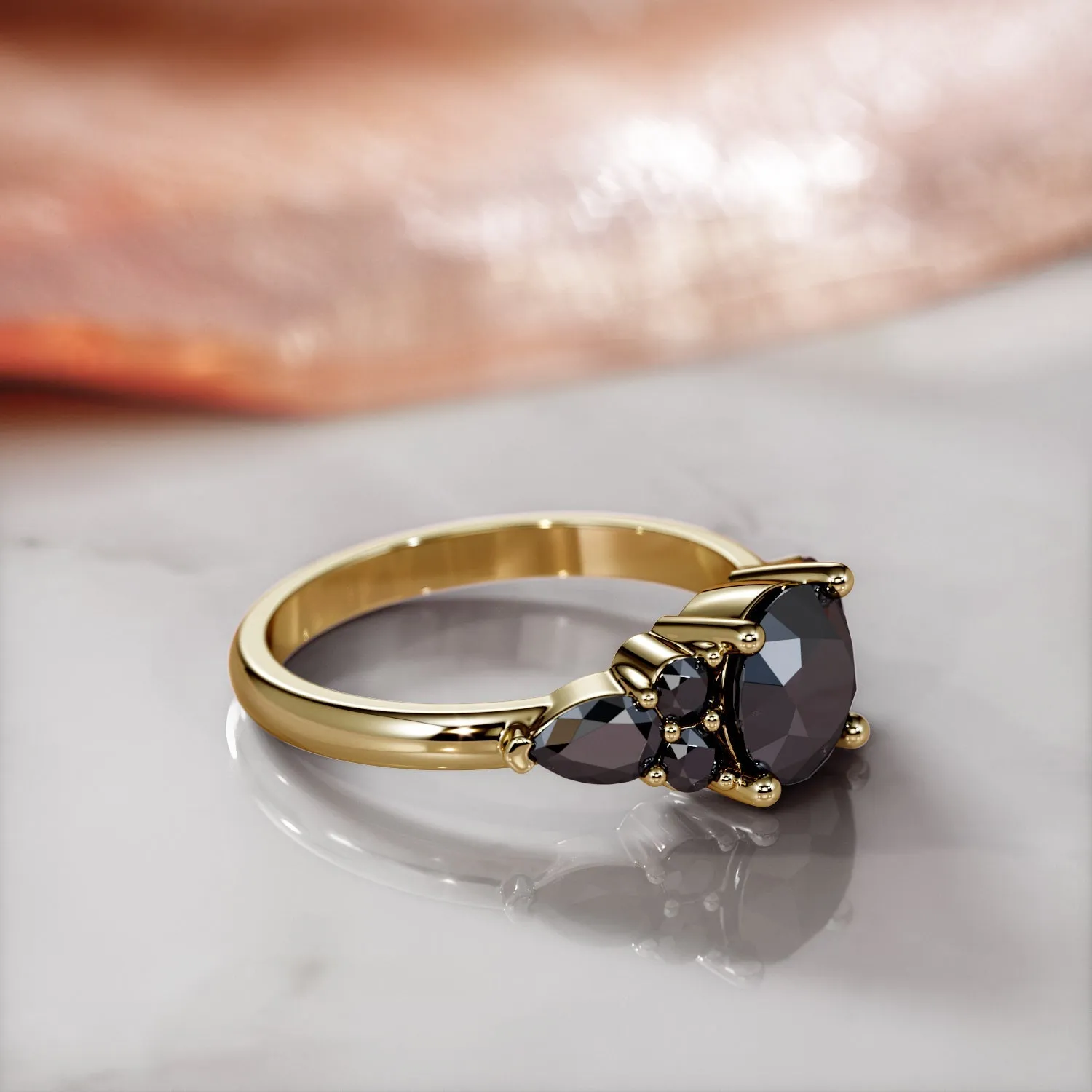 Dark Matter  3-stone  Natural Black Diamond Round Engagement Ring