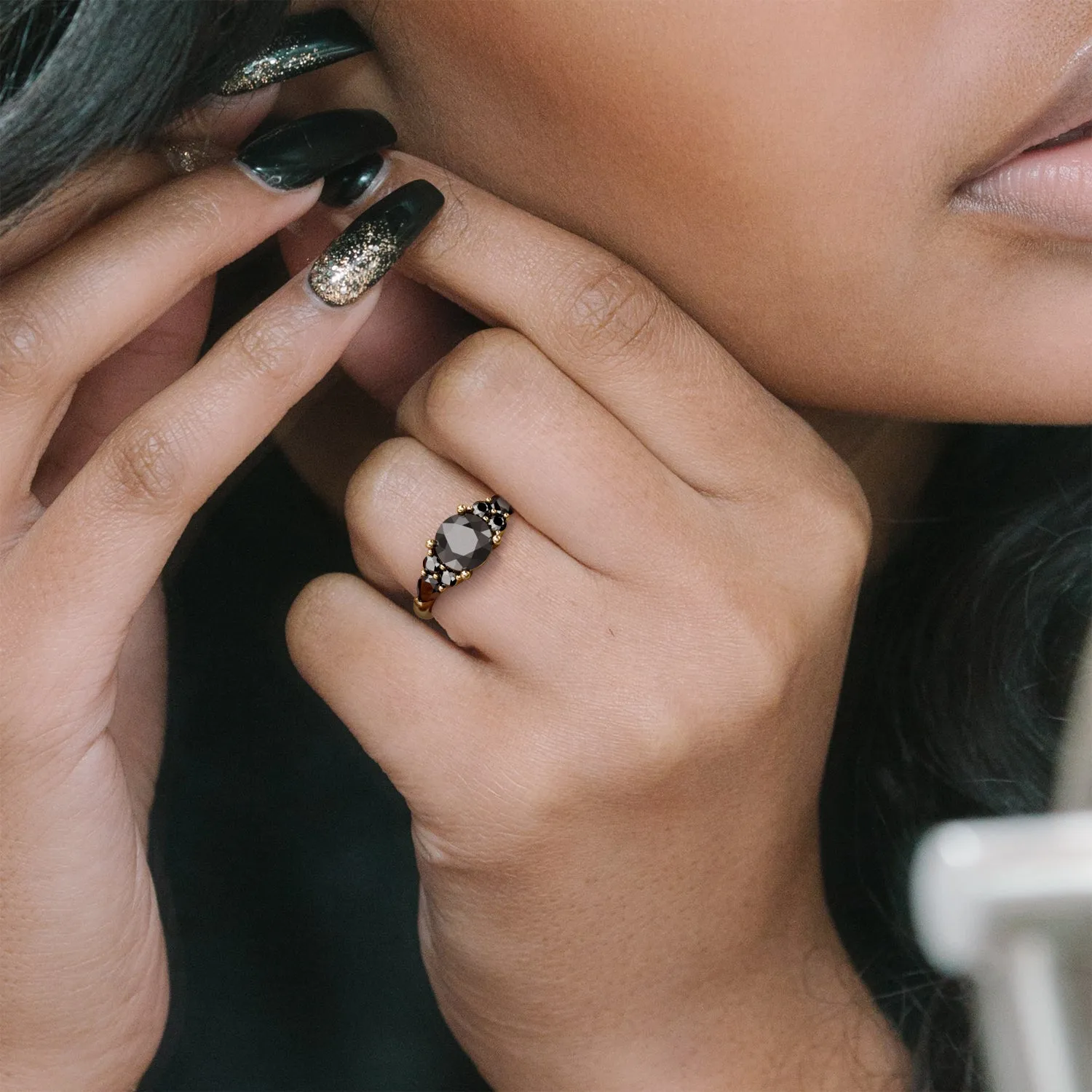 Dark Matter  3-stone  Natural Black Diamond Round Engagement Ring