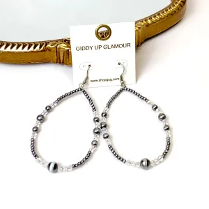 Faux Navajo Pearl Beaded Teardrop Earrings with Clear Glass Spacers in Silver Tone