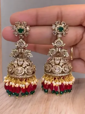Green stone red beads Jhumkas