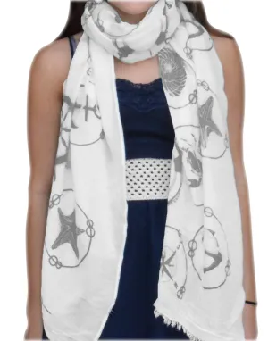 Grey Circle Peach Couture All Season's Nautical Shell Seahorse design Light Fringe Shawl Scarf