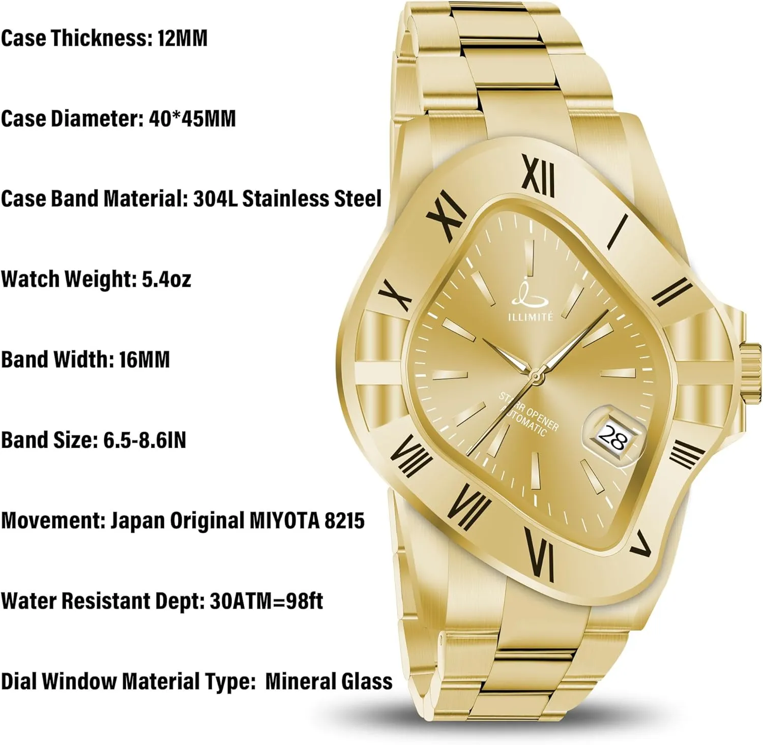 ILLIMITE Automatic Watches for Men Japanese Mechanical Miyota 8215 Movement Self-Winding Analog Luminous Stainless Steel Wrist Watches Starr Opener