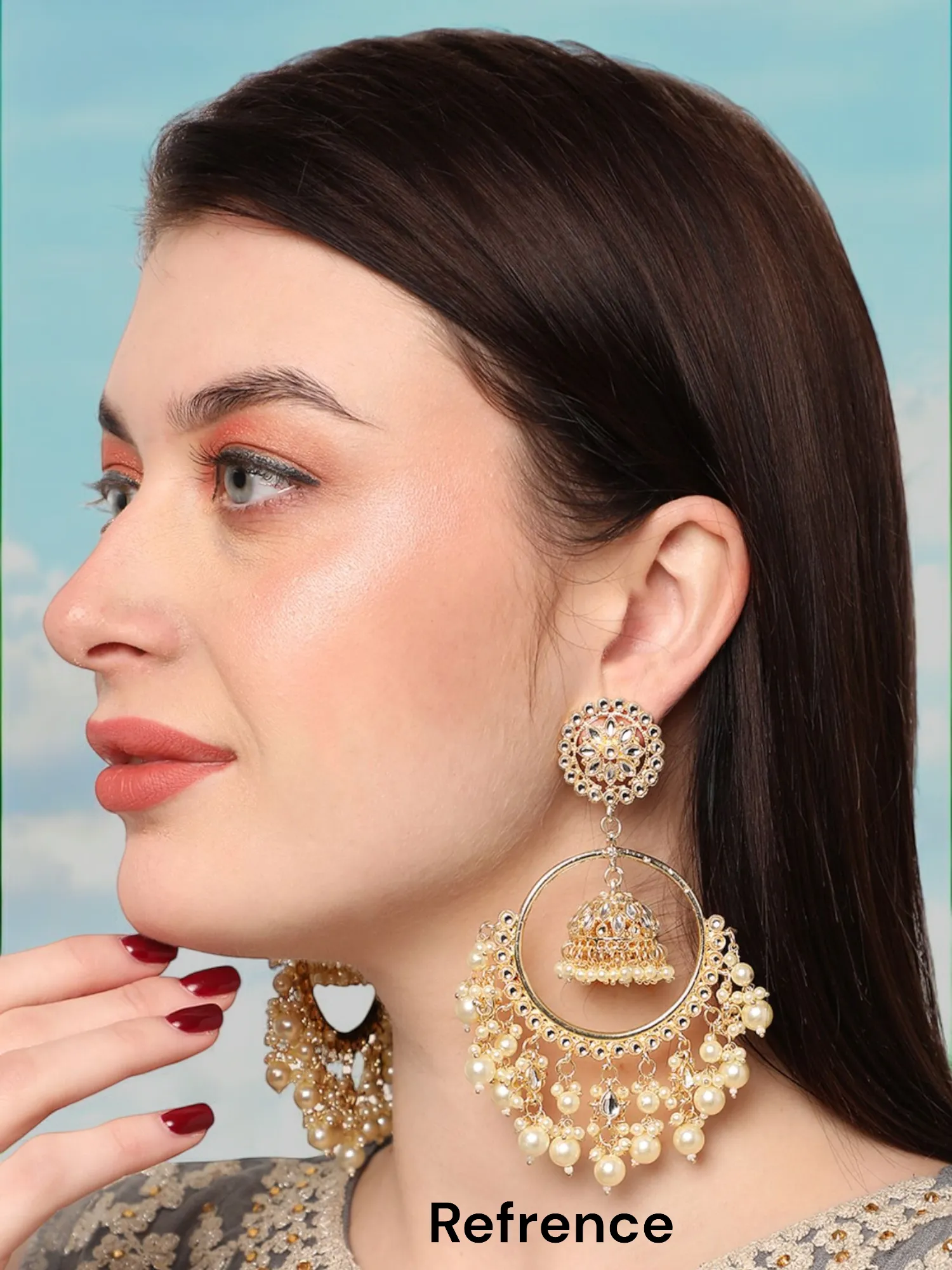 Indian Gold Hoop Pearl Kundan Earrings Set, Statement Earrings, Bollywood Earrings, Indian Earrings Jewelry, Bridal Pearl Kundan