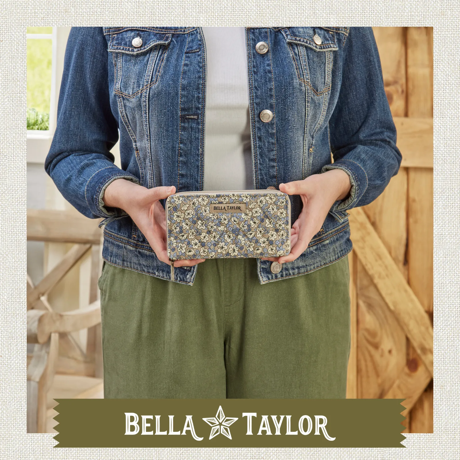 Khaki Floral RFID Slim Card Wallet
