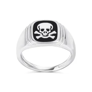 Mens Silver Ring with Black Onyx Gemstone and Skull Crossbones Design .925 Sterling Silver