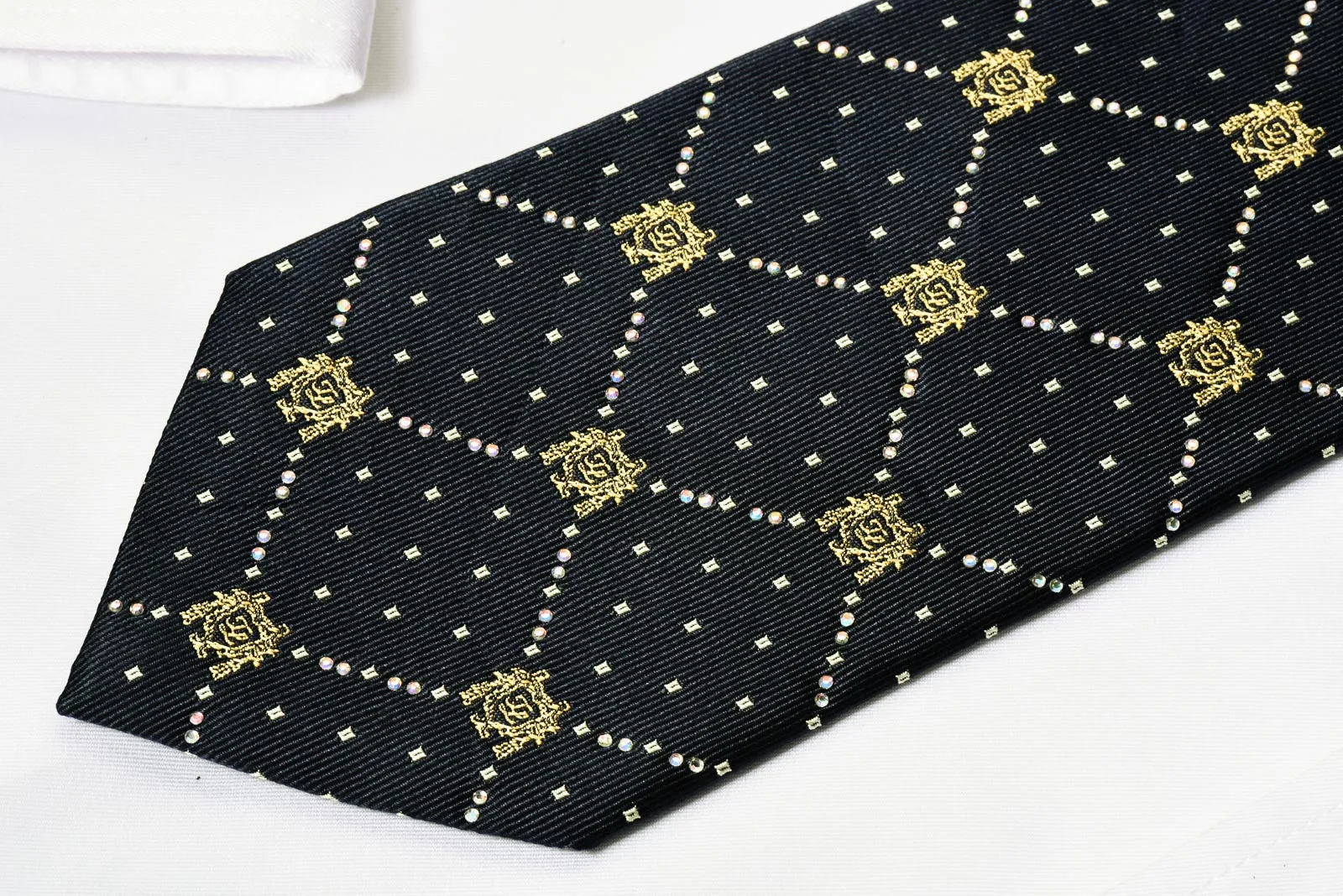 Premierlux Men's Silk Necktie Rhinestone Checked On Navy Blue