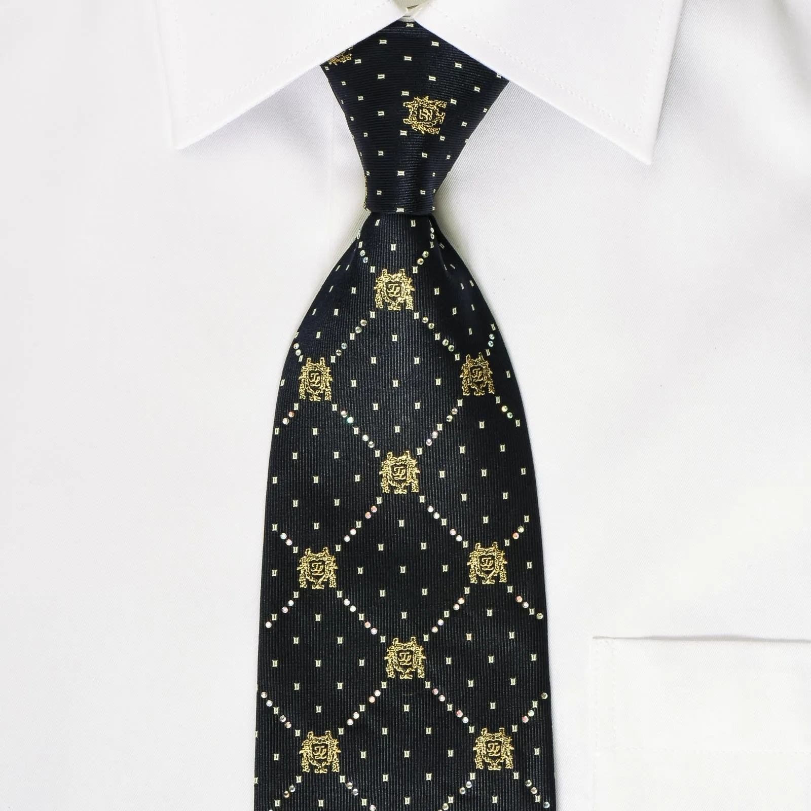 Premierlux Men's Silk Necktie Rhinestone Checked On Navy Blue