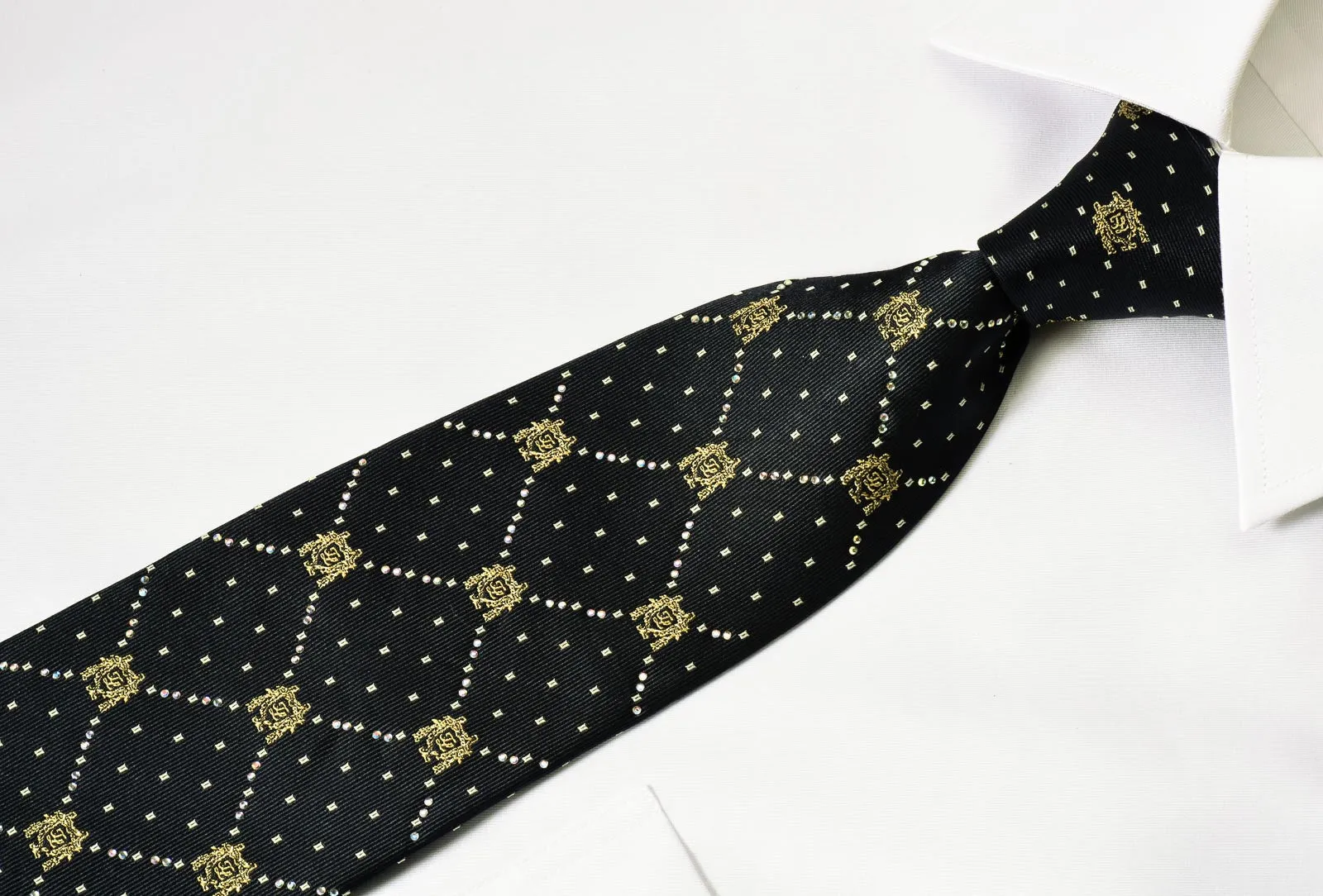 Premierlux Men's Silk Necktie Rhinestone Checked On Navy Blue