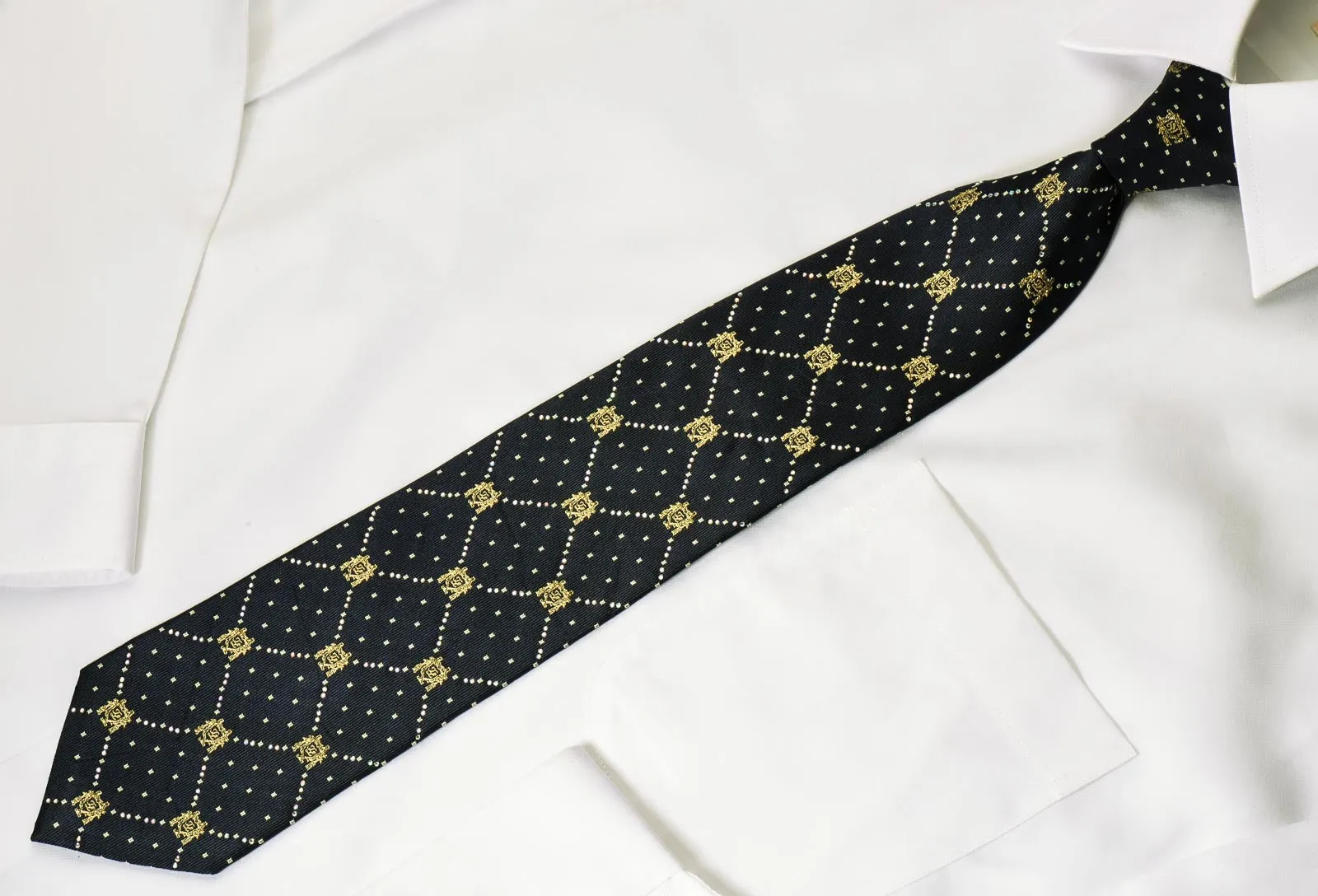 Premierlux Men's Silk Necktie Rhinestone Checked On Navy Blue