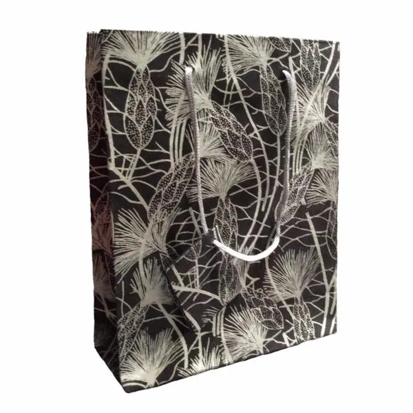 Set of Six Recycled Cotton Gift Bags with Tag in Black Beach Grass Design