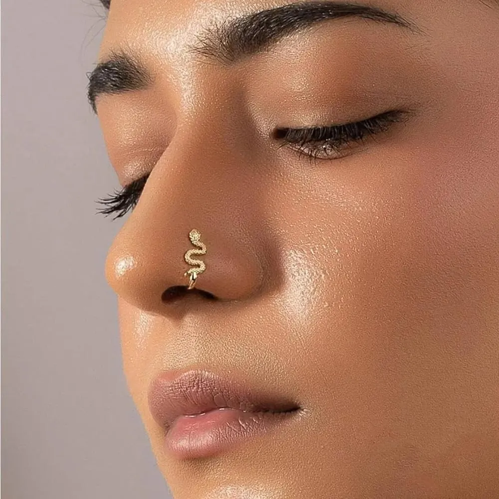 Snake Fake Nose Rings for Women Girls Stainless Steel Nose Cuff Clip On Nose Rings Sparkling Non-piercing Nose Jewelry Hypoallergenic