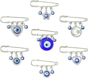 Stiesy 7 Pcs Bule Evil Eye Safety Pin Brooch with Alloy Glass Crystal Charms Lucky Eye Kilt Pin Brooch for for Women Men Party Jewelry Lapel Pins
