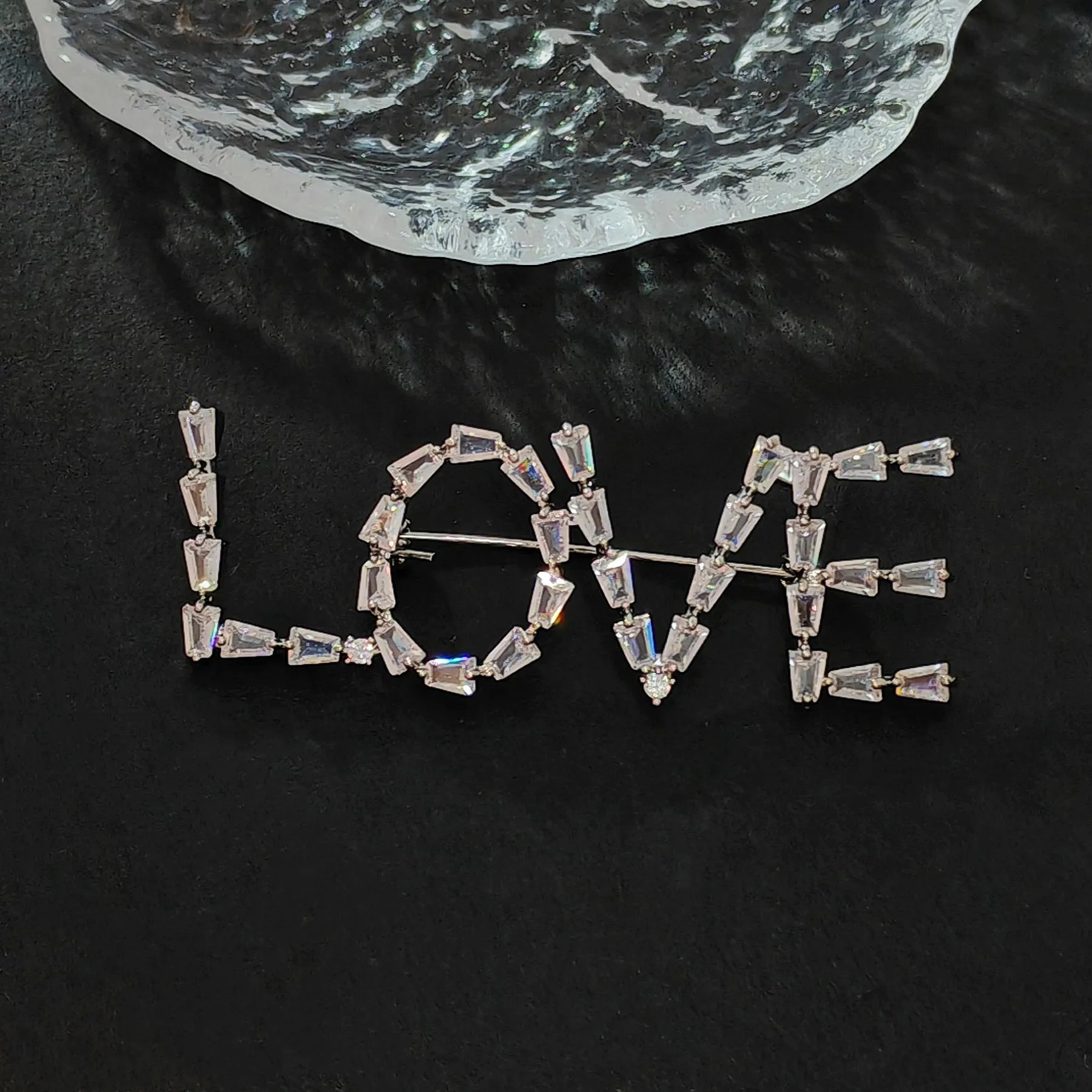 Stunning Baguette Cut CZ Accent Initial LOVE Pin Brooch Symbolism Jewelry