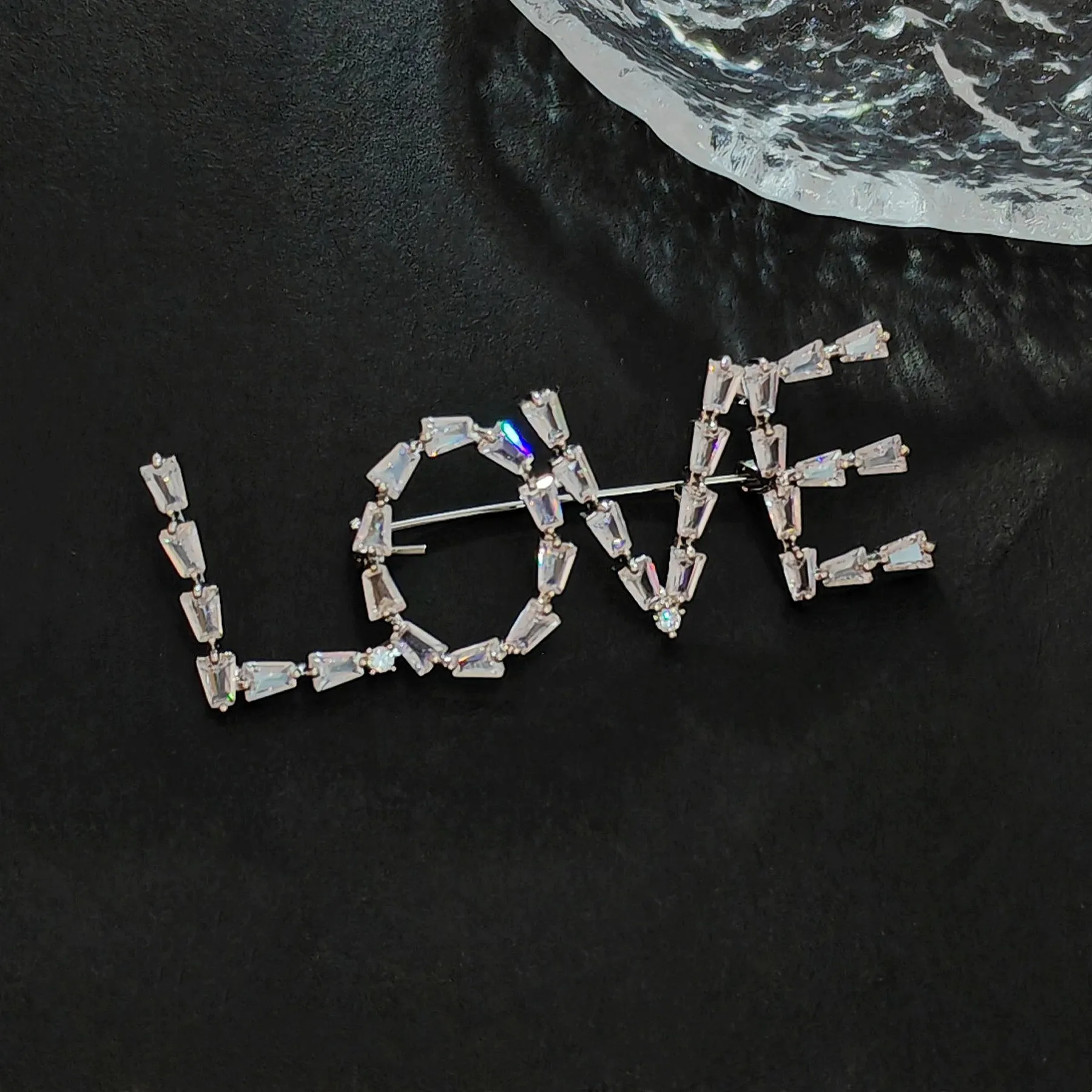 Stunning Baguette Cut CZ Accent Initial LOVE Pin Brooch Symbolism Jewelry