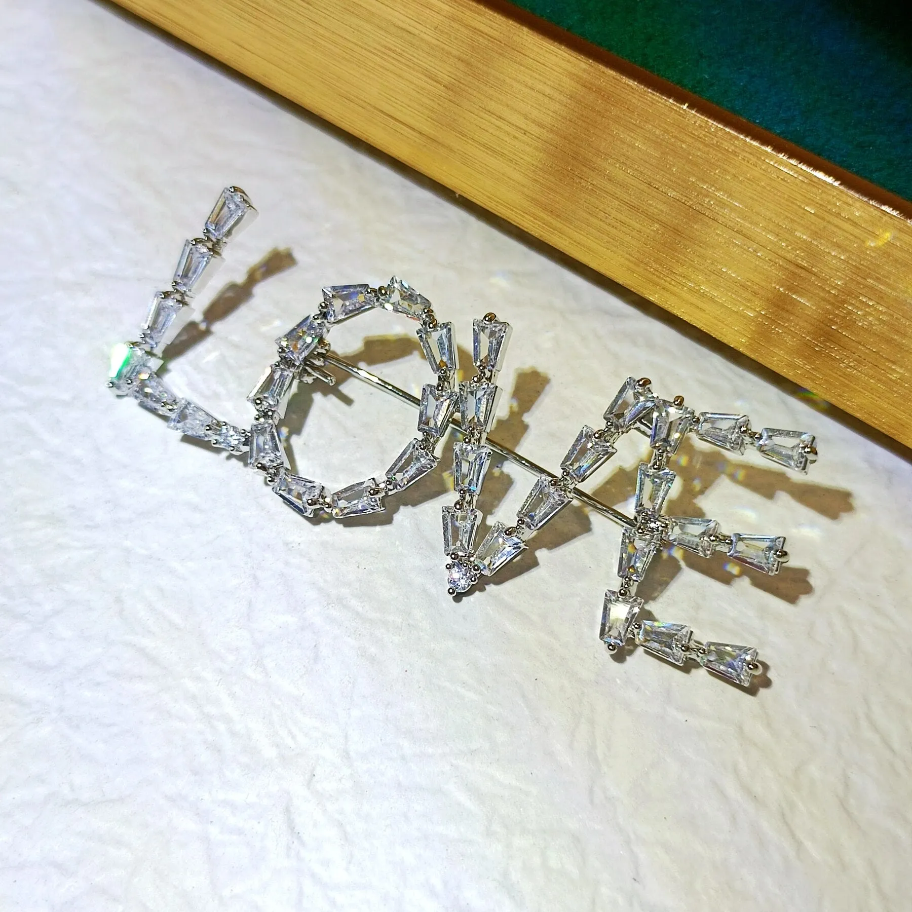 Stunning Baguette Cut CZ Accent Initial LOVE Pin Brooch Symbolism Jewelry