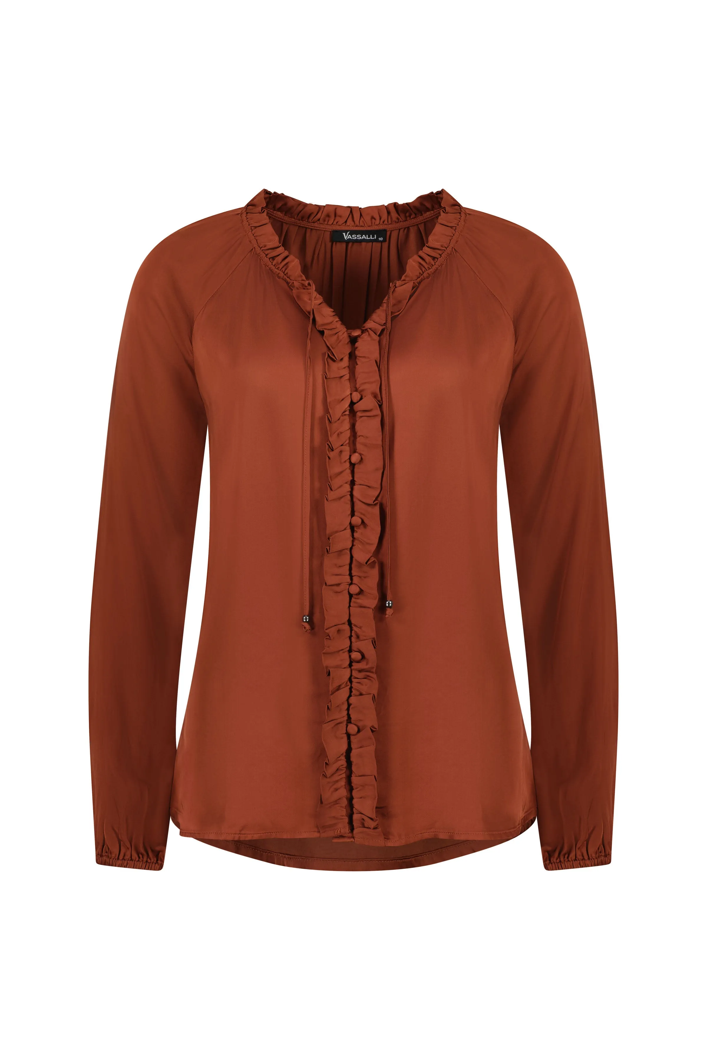 Vassalli V Neck Top with Front Frills and Neck Ties