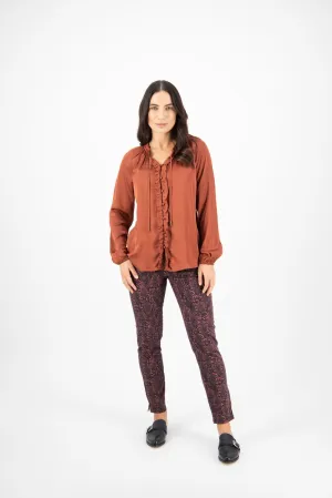 Vassalli V Neck Top with Front Frills and Neck Ties