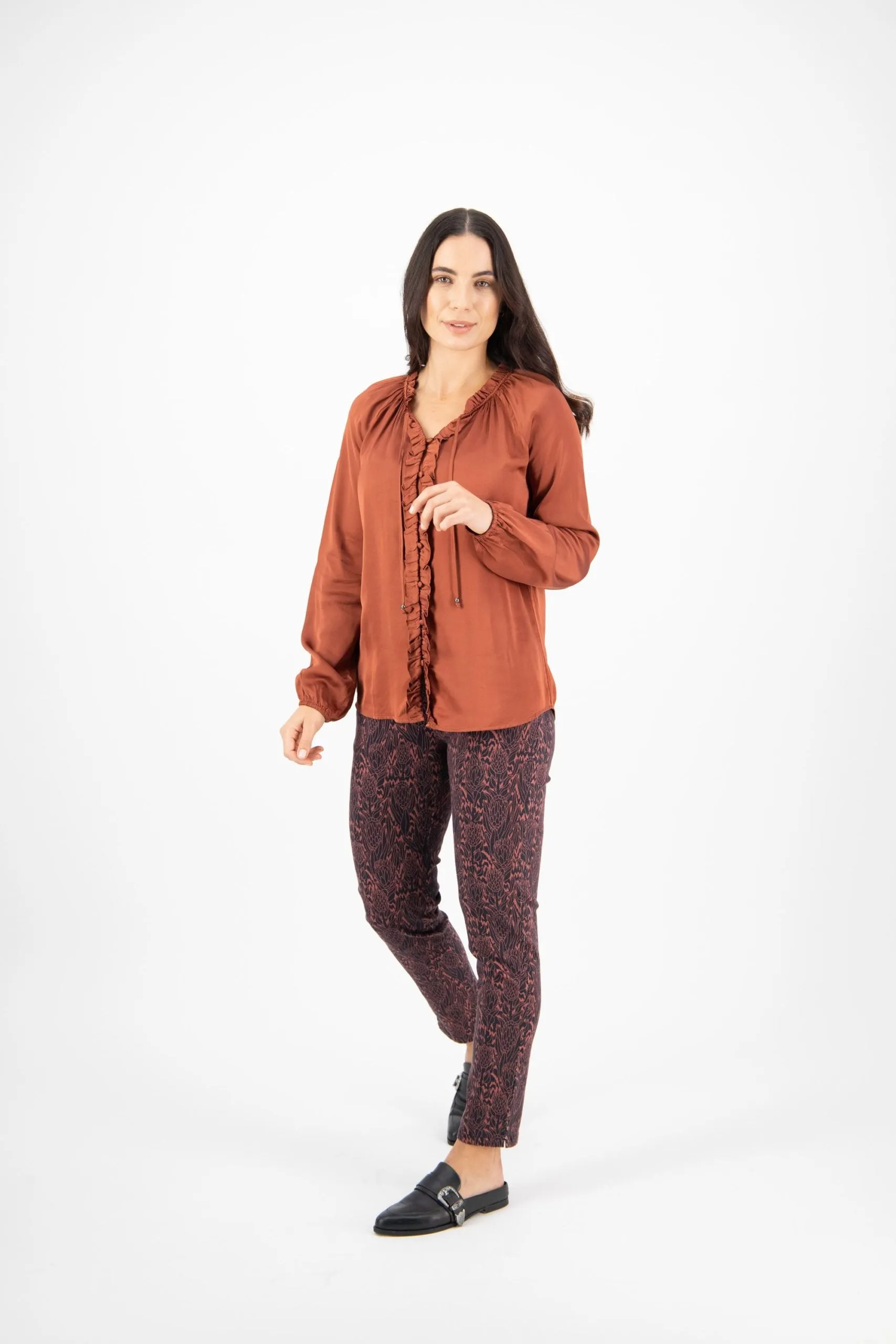 Vassalli V Neck Top with Front Frills and Neck Ties
